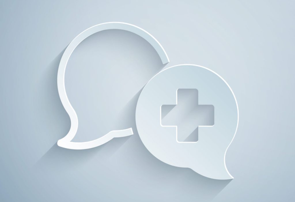 Paper cut Dialogue with the doctor icon isolated on grey background. Doctor and patient dialog. Consulting about medical health services. Paper art style. Vector.
