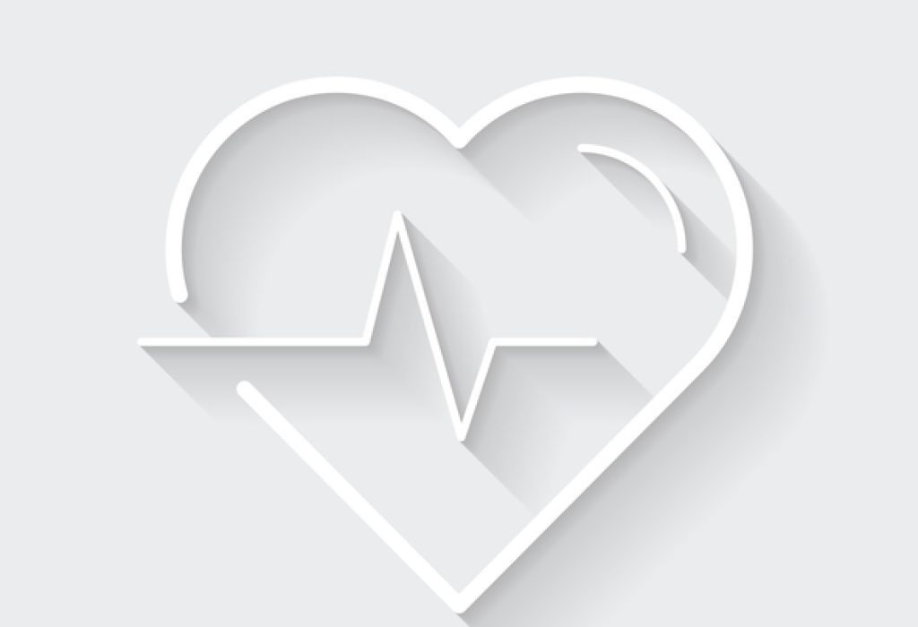 White icon of "Heartbeat - Heart pulse" in a flat design style isolated on a gray background and with a long shadow effect. Vector Illustration (EPS10, well layered and grouped). Easy to edit, manipulate, resize or colorize. Vector and Jpeg file of different sizes.